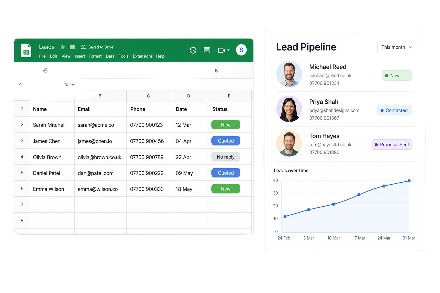 A Google Sheets spreadsheet of leads alongside a CRM pipeline — the kind of file you can upload for your snapshot.